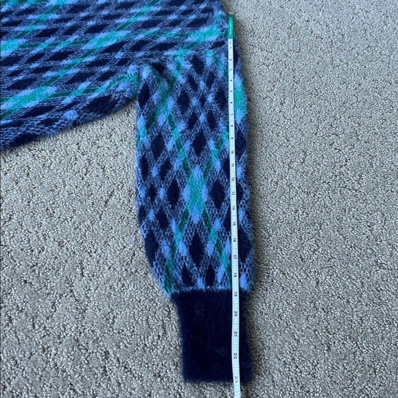 Aerie Flurry Oversized Argyle Sweater Fuzzy Winter Cozy Blue Crewneck Top XXS - Picture 9 of 11